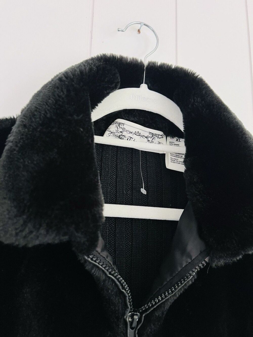 Tiara International Black Ribbed Jersey Knit & Vegan Fur Stretchy Zip Jacket XL - Picture 3 of 7